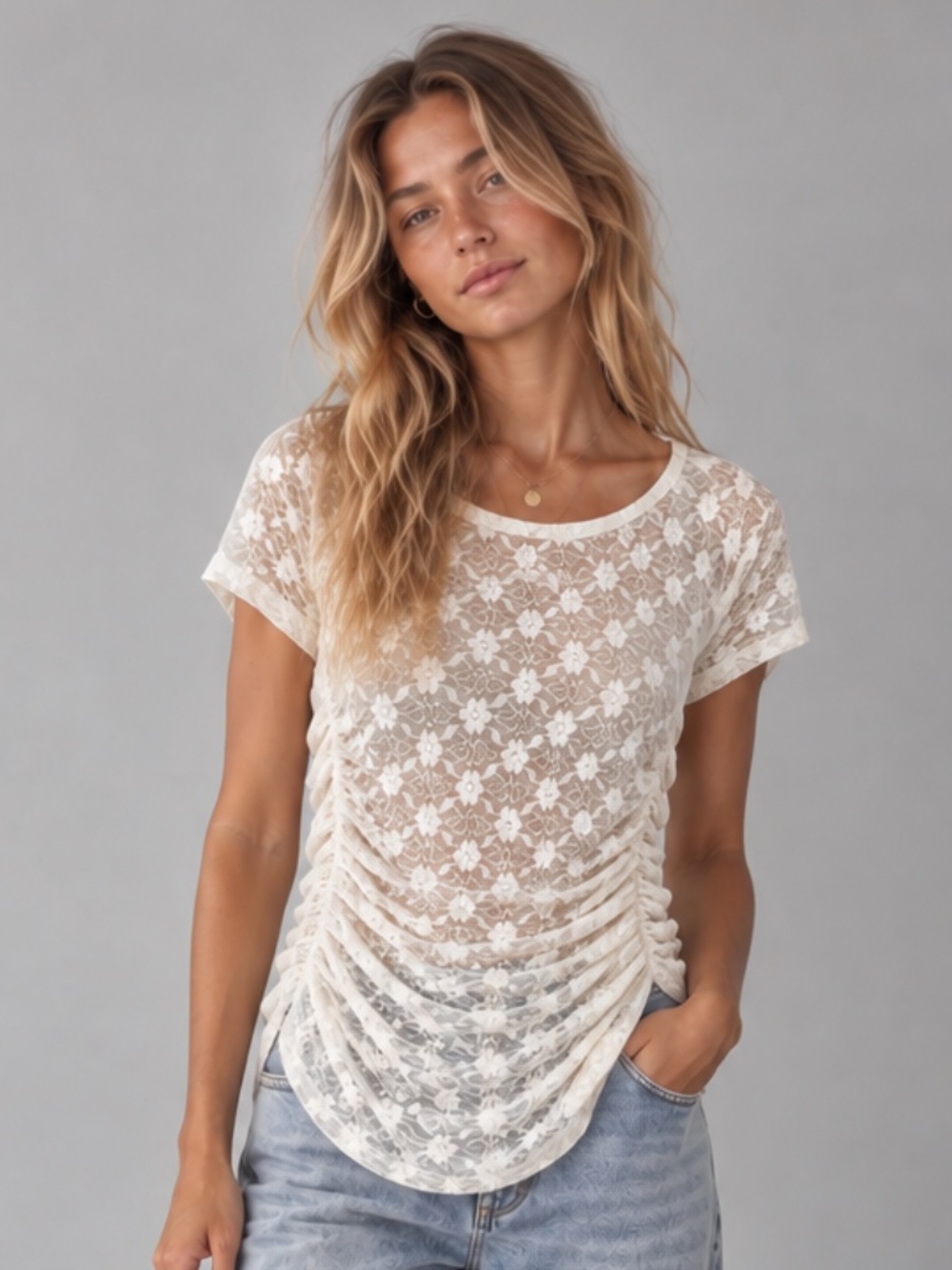 FREE PEOPLE Intimately Keep It Simple Lace Baby Tee Cream Ivory Ruched M EUC